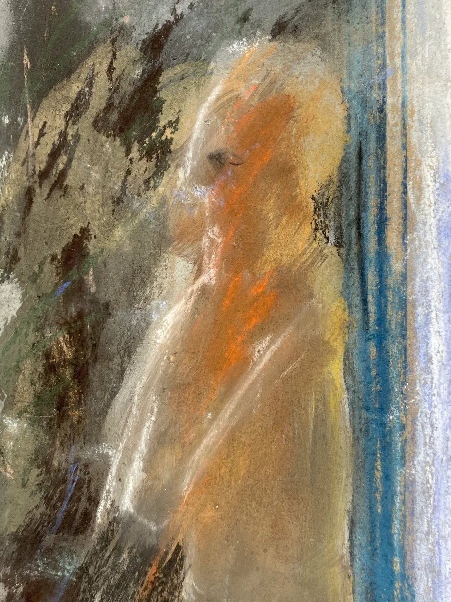 Expressives Pastellgemälde "Szene an den Kabinen im Gegenlicht" mit der Signatur "Ralf", 1985 – Bild 8