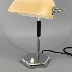 Art deco Bankerlampe, mit Glasschirm, vernickelt, 1920er Jahre