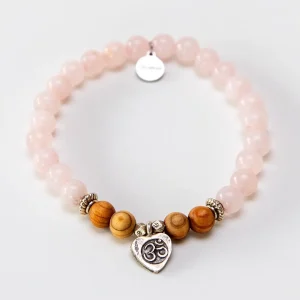 Yoga Armband mit Rosenquarz, Sandelholz & Om Anhänger aus echtem Sterling Silber