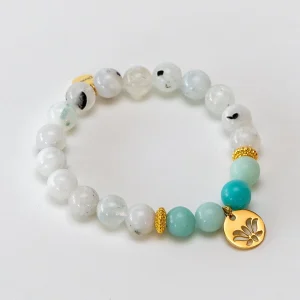 Yoga Armband aus Amazonit und indischem Mondstein mit vergoldetem Lotus-Anhänger
